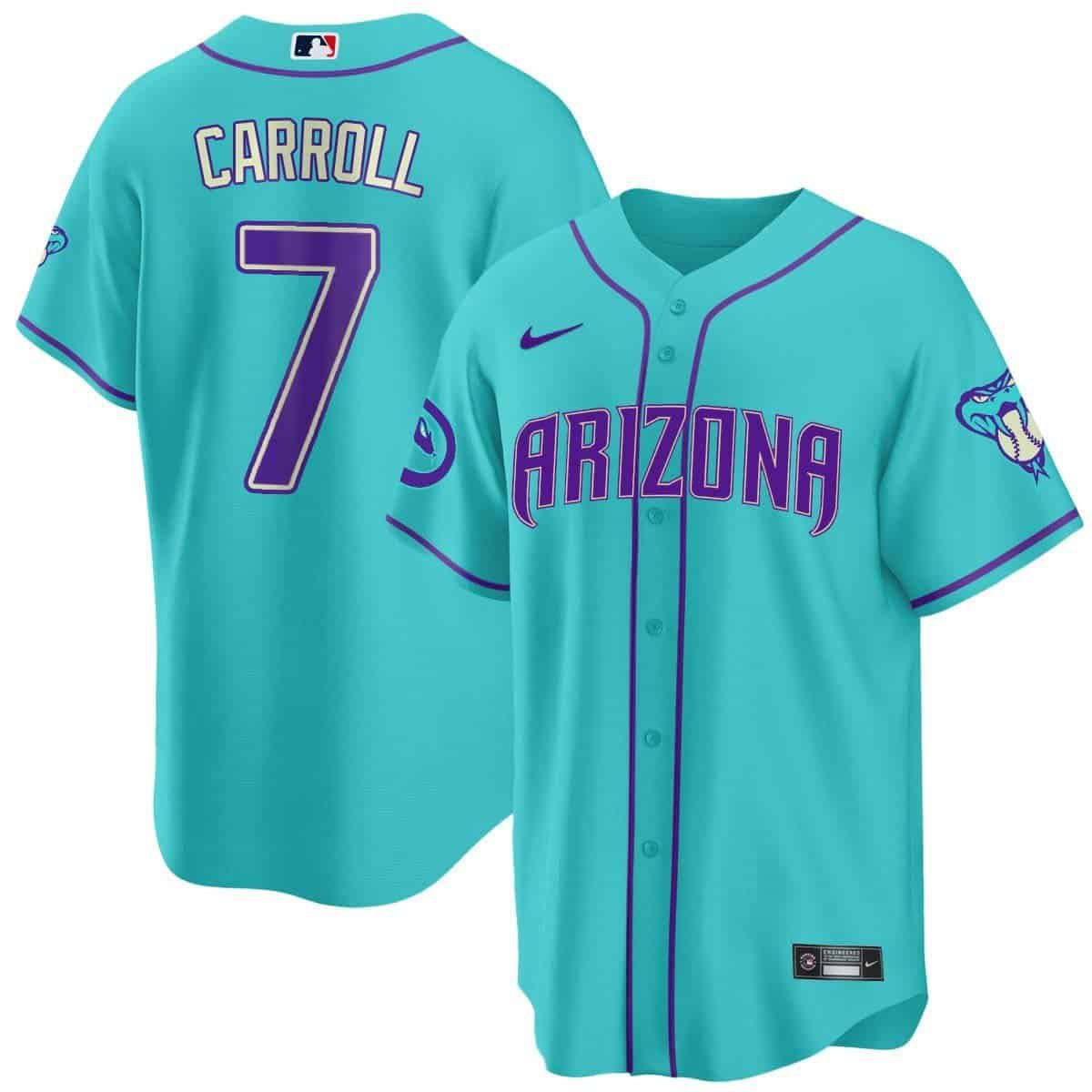 Men Arizona Diamondback #7 Carroll Light Blue Nike 2024 Teal Purple MLB Jersey